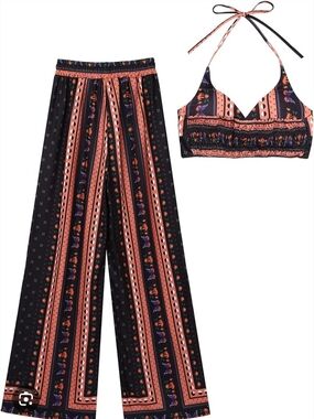 SHEIN Black and Coral Printed Wide-Leg Pants with Matching Halter Crop Top